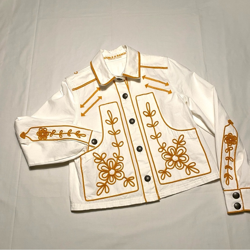Double D Ranch Embroidered Denim Jacket Concho Western White Yellow Women’s S